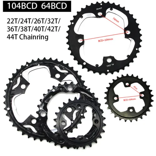 Imagen 2 del producto Plato de bicicleta MTB 22/24/26/28/32/36/38/42/44T, platos y bielas Shimano Sram 64/104BCD, piñón de doble/Triple velocidad