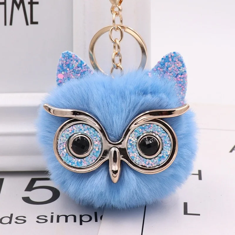 Fashion Cute Cartoon Keychain Owl Soft Pompom Animal Tail Hair Ball Car Keychain Ladies Car Bag Accessories Key Ring Mom Gift