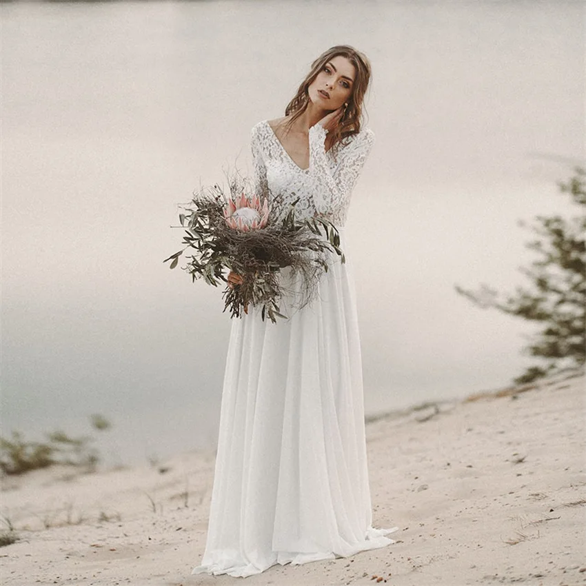 Beach Wedding Dress Long Sleeve Boho V Neck Backless Bridal Dresses 2020 Chiffon Princess Lace Chiffon Wedding Gown novia