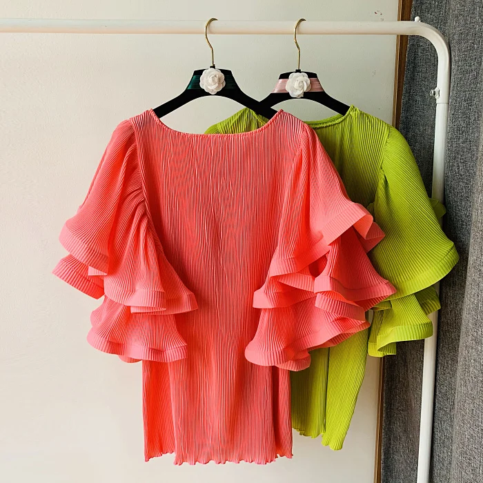 Women Summer Shirt Ins Design Butterfly Sleeve Loose Pleated Chiffon Female Soild Tops 2020 New Tide Blouse