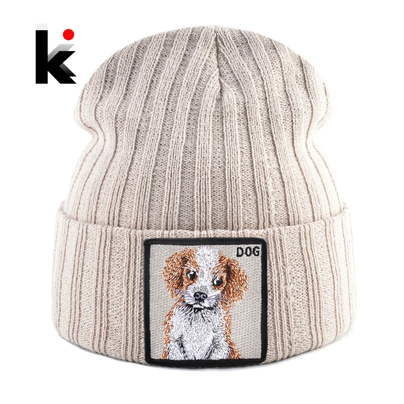 Czapka typu beanie z uroczą naszywką z haftem psa damskie ciepłe dzianinowe czapki Skullies mężczyźni jesienno-zimowa odkryty Casual Bonnet Gorras