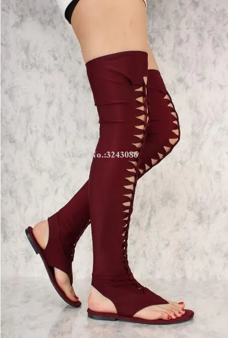 Lady New Elastic Hollow Out Flat Sandals Long Boots Women Fashion Casual Over the Knee Sandals Boots Sexy Thigh High Boots