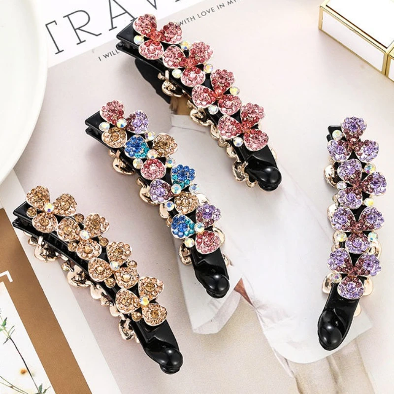 Korea New Flower Banana Hair Clip Fashion Ladies Ponytail Vertical Hairpin Paint Rhinestone Hairgrip Barrettes Women Headdress