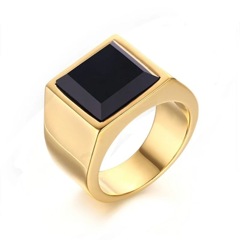 Trend Sophisticated Men Large Inlaid Black Zircon Seal Ring Gold Color Metal Tribal Jewelry Gifts Personality Accessories