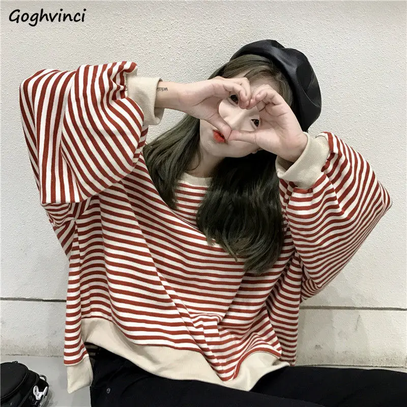 No Hat Hoodies Women Striped Spring Thin Casual Loose Womens Sweatshirt Korean Style Simple Fashion Preppy-style Student Ulzzang