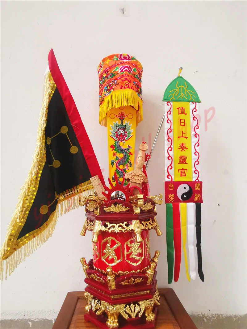 Taoist Supplies of Solid Wood, Inlaid with Gold, carved eight treasure bucket, blessing bucket, Temple Cloth altar as Sacrifice