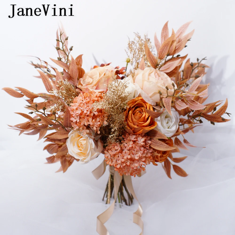 JaneVini Elegant Light Orange Bridal Bouquets Wedding Artificial Flowers Roses Hydrangea Real Touch Charming Silk Bouquet 2021