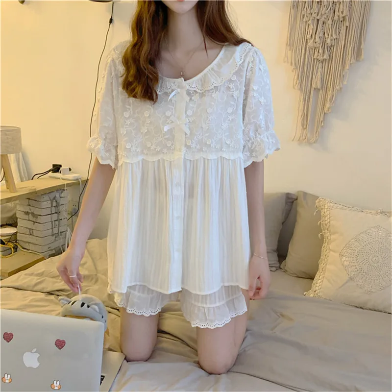 Summer Pajamas Set Vintage Bow Tie Women Homewear Shorts Suit Short Sleeve Tops Pajamas Peter Pan Collar Cute Embroidery