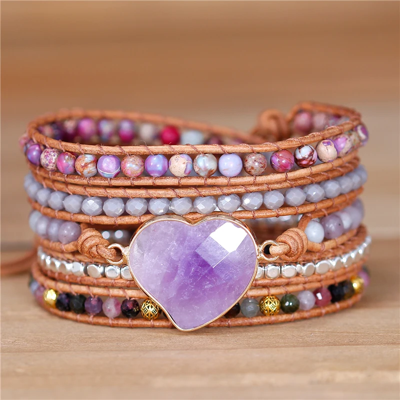 Boho Purple Amethyst Heart Charm Tourmaline 5 Rows Beads Wrap Bracelet Women Gemstone Leather Cuff Unique Gift Jewelry