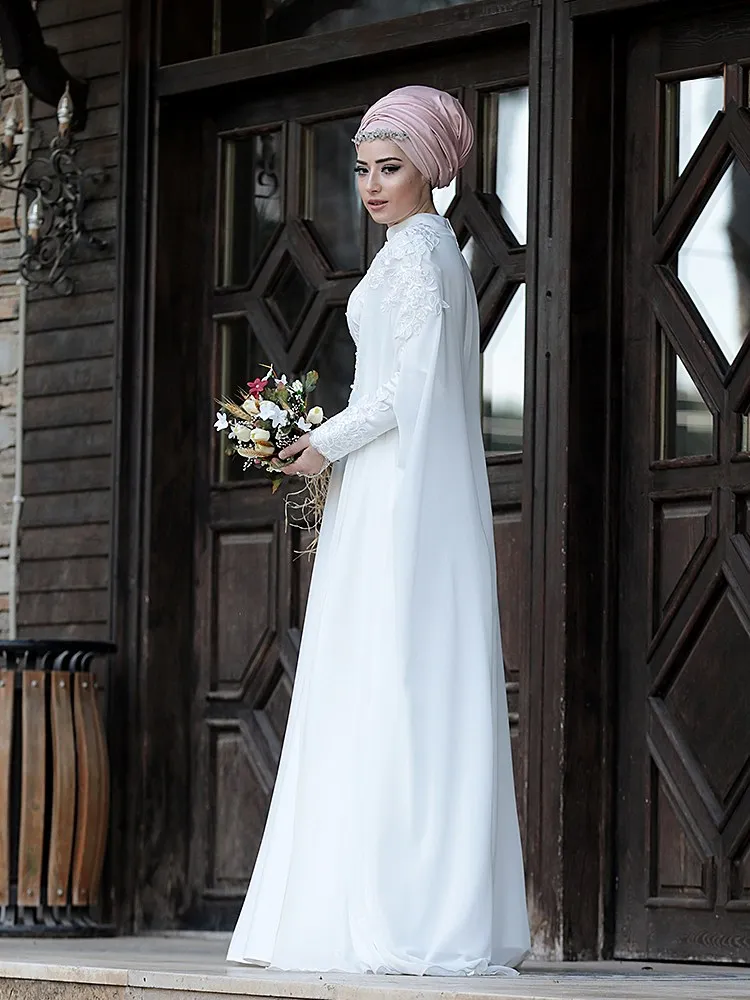 Vestido de baile branco a linha até o chão mangas compridas alta pescoço apliques lantejoulas com envoltórios vestido de noite robe de soirée de mariage