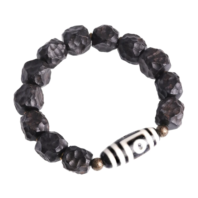 Hand Carved Hammered Ebony Bracelet Tibetan Buddhism Dzi Bead Prayer Good Relationship Amulet Protection Jewlery for Men Women