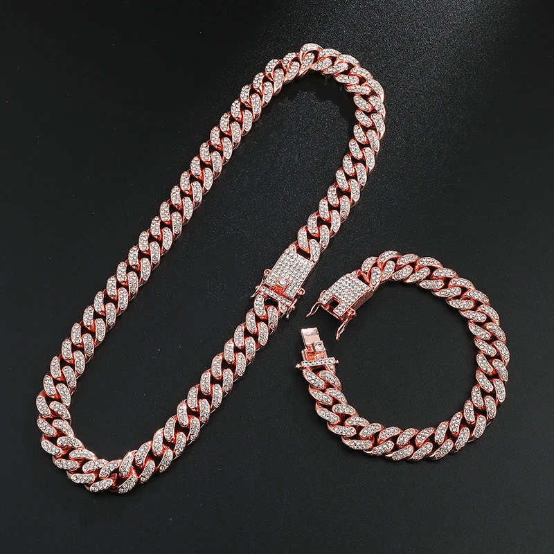 D&Z Hip Hop 13mm Rose Gold Color Cuban Link Chain For Men Iced Out Bling Rhinestone Chain Homme Fashion Jewelry