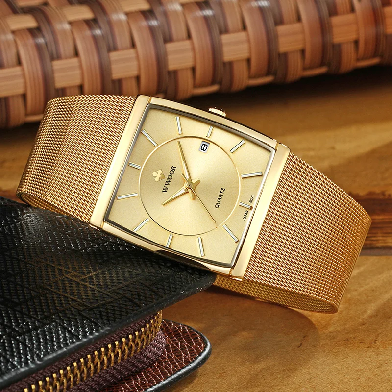 WWOOR, relojes de lujo con movimiento de cuarzo japonés, reloj de malla de acero dorado ultrafino para hombre, reloj de pulsera cuadrado resistente al agua