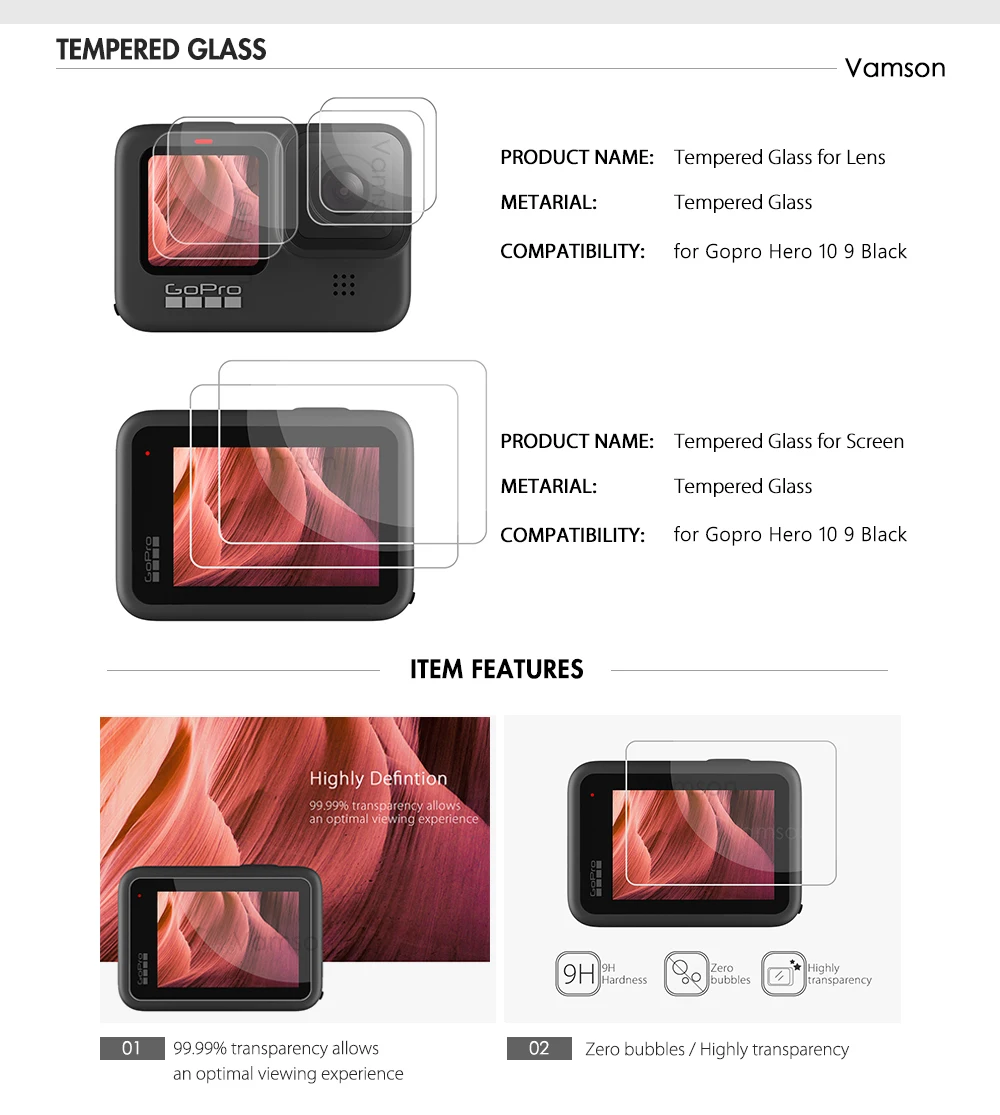 Vamson 렌즈 캡이 있는 실리콘 보호 커버, 고프로 히어로 12 11 10 9 용 블랙 배터리 사이드 케이스, 고프로 10 액세서리