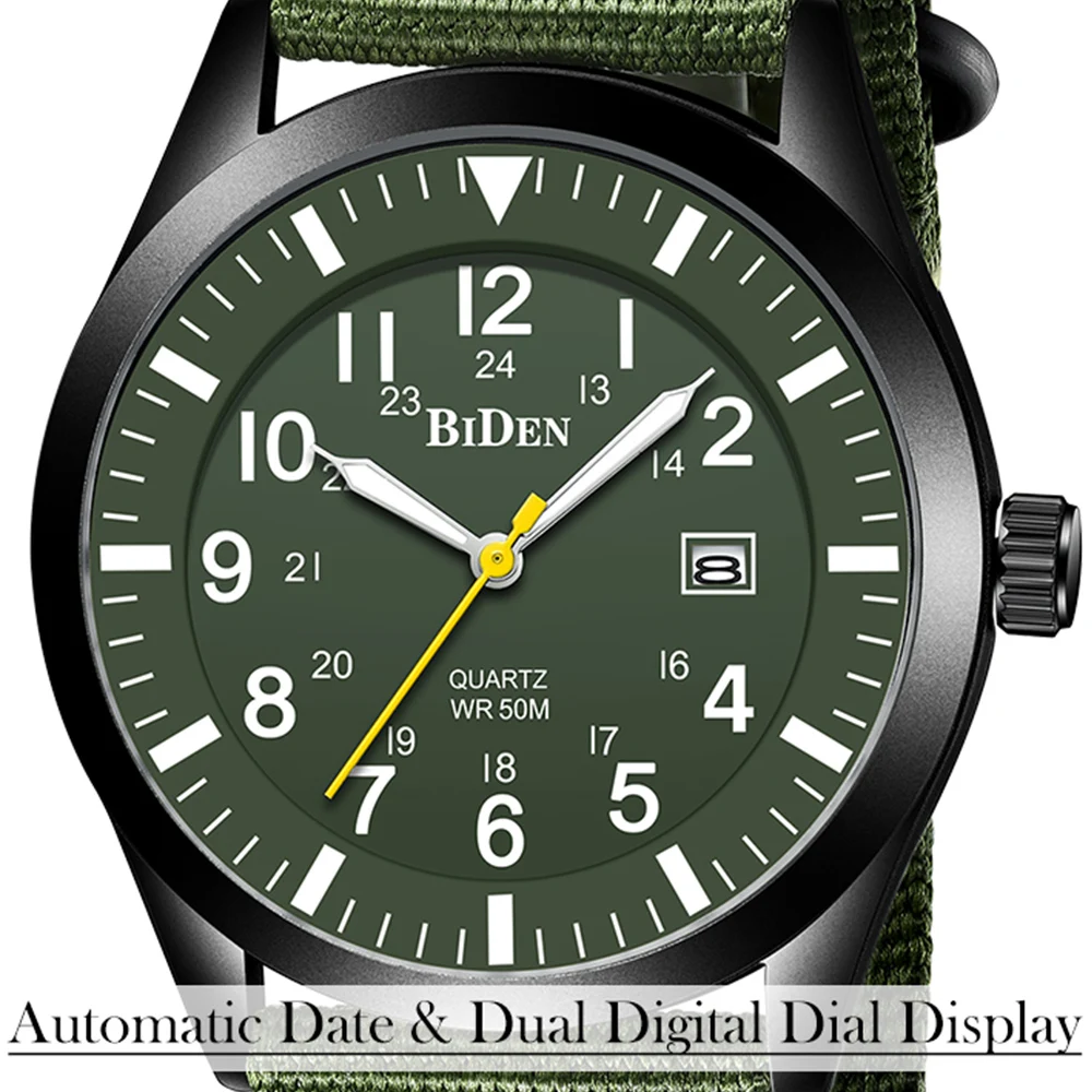 Military Sports Men\'s Watch Army Green Quartz Male Clock Automatic Date Nylon Strap Dual Digital Dial Waterproof Outdoor Casual