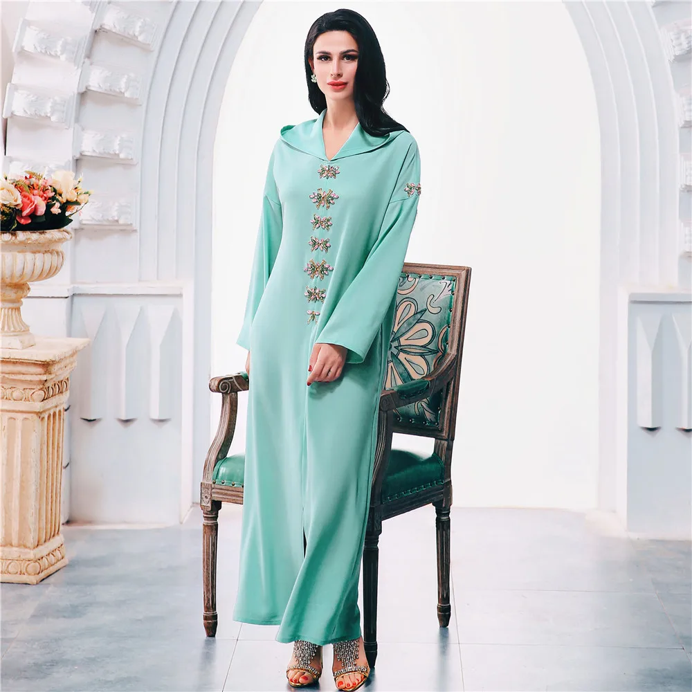 

Eid Ramadan Rhinestone Muslim Women Abaya Dubai Kaftan Moroccan Party Gowns Hooded Long Maxi Dress Jalabiya Caftan Robe Vestidos