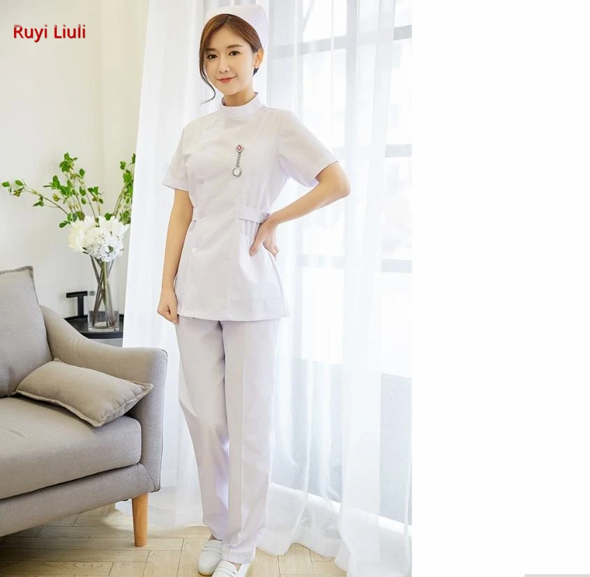 Nurses wear a white suit with long sleeves, short collar and short neck, doctor\'s white coat work clothes female