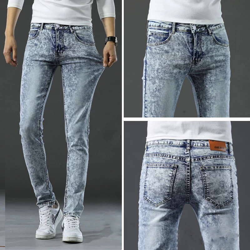 Light Blue Snowflake Jeans Men Fashion Youth Casual Streetwear Slim Skinny Straight Cotton Comfortable Male Denim Pants