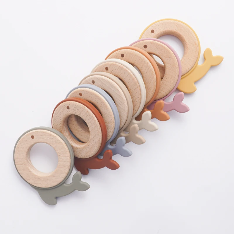 Kawaii Baby Silicone Products Dolphin Pufferfish Round Wooden Ring Teether Nursing Pendant Teething Toys Baby Accessories