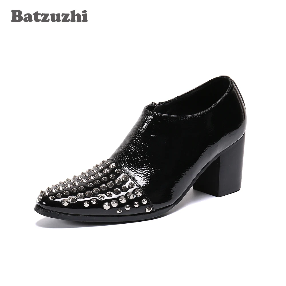 

Batzuzhi Black Genuine Leather Ankle Boots 7CM HIGH HEEL Men's Shoes Pointed Toe Rivets Zip Vintage Botas Hombre, Big Sizes EU46