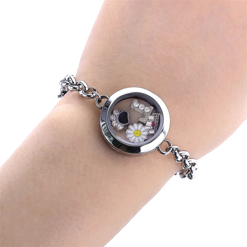 1pc 25mm Floating Charms Locket Bracelet For Women Jewelry Making Glass Round Living Memory Locket Bangle Femme Stainless Steel