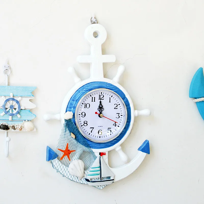 

Sea Anchor Wall Clock Creation Mediterranean Wooden Marine Style Nautical Clocks Horloge Restaurant Living Room Home Decoration