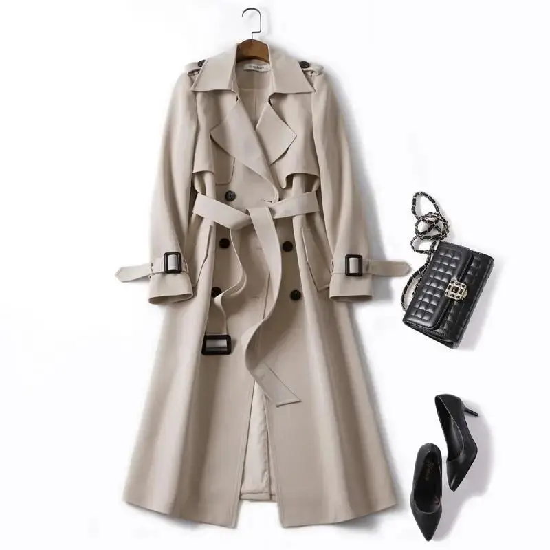 2021 Trench da donna elegante cappotto con cintura autunno inverno doppio petto mantello solido giacca a vento stile coreano donna medio lungo