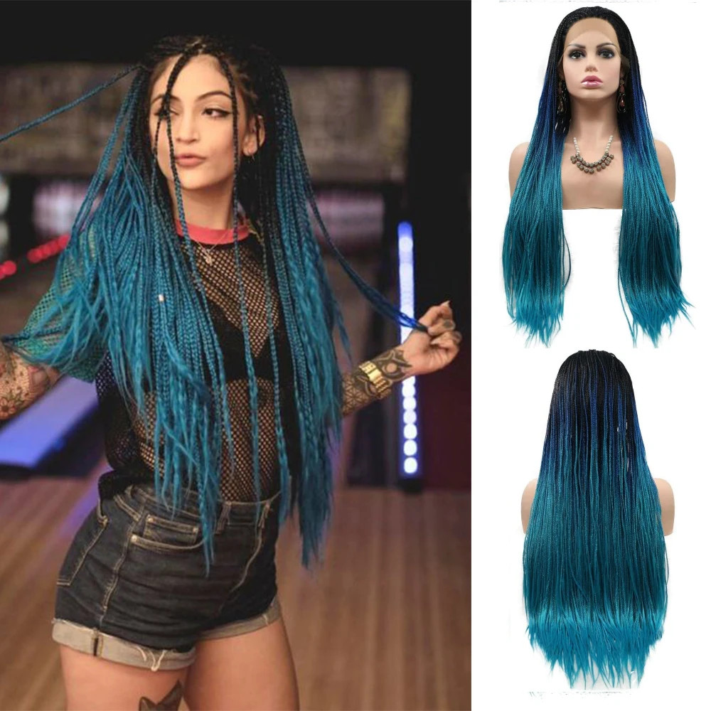 

Ombre Blue Lace Front Wigs for Women Long Micro Braided Synthetic Wig Hand Made Braiding Lace Wig with Dark Roots 26 Inch