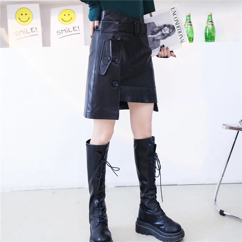 Spring New Women Belted High Waist Asymmetrical Mini Skirt Ladies Moto Biker Buttons Sheepskin Genuine Leather Slim Wrap Skirts