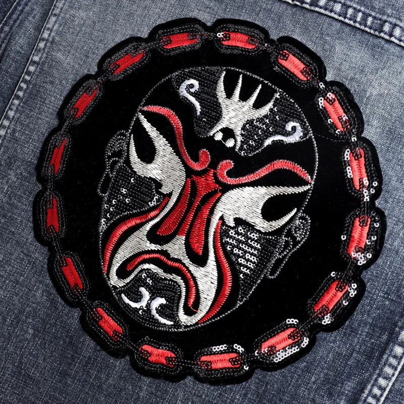 Jeans Chinesischen Stil Herren Peking-oper Maske Patch Design Denim Jacke Blau Dünne Beiläufige Pailletten Stickerei Mantel