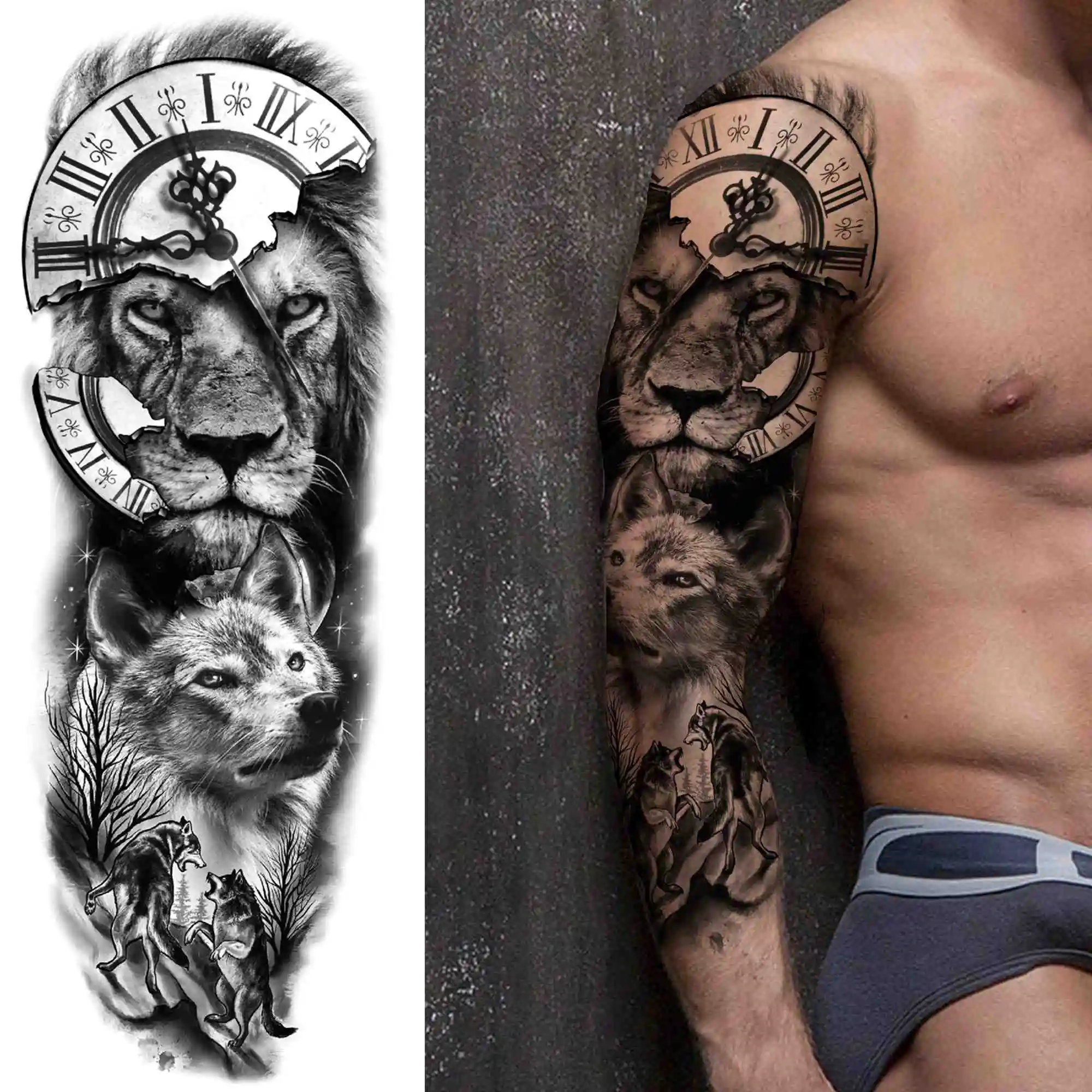 Tribal maori temporária tatuagem manga para homens mulheres adulto lobo leão tatuagens adesivo preto grande tartaruga tiki falso tatoos suprimentos