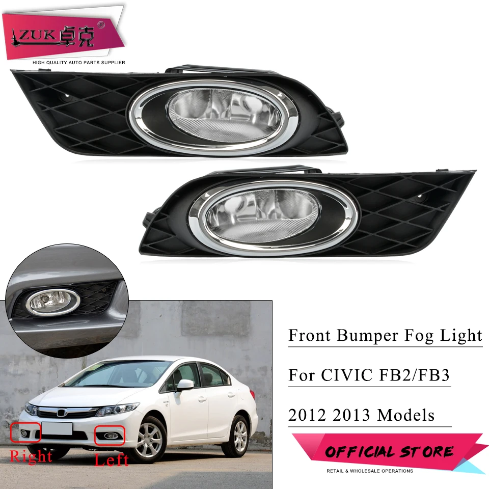 

ZUK 2PCS Front Bumper Fog Light Fog Lamp Foglights With Garnish Cover For HONDA CIVIC 2012 2013 FB2 33950-TR0-H11 33900-TR0-H11