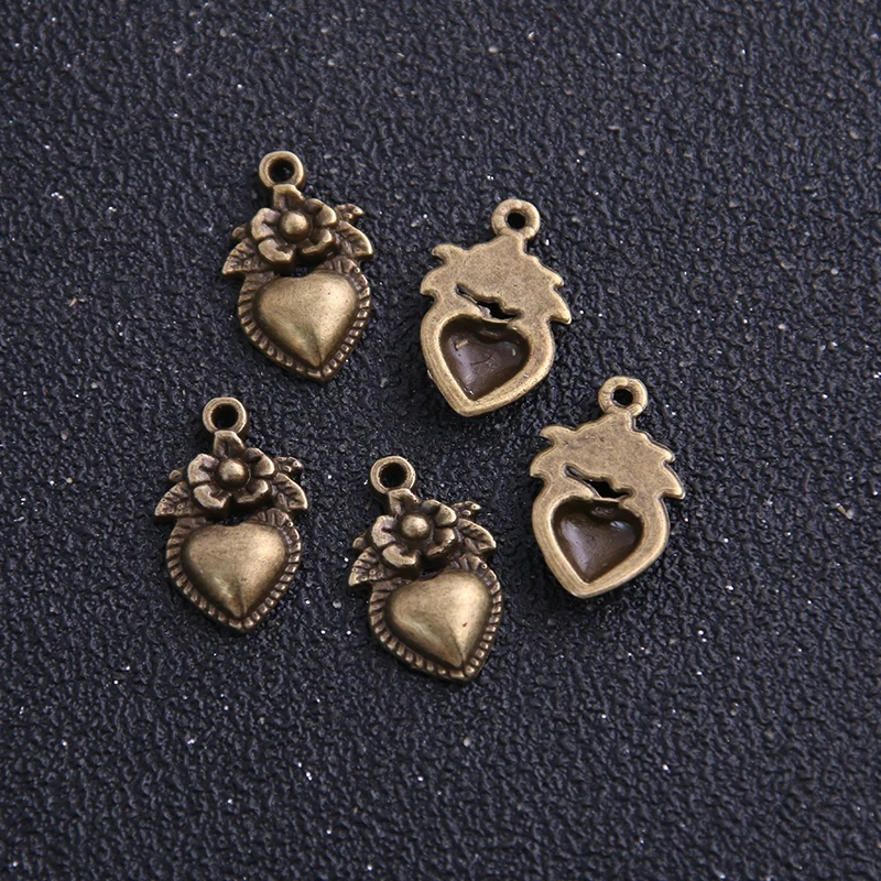 12pcs/lot 11*18mm Antique Bronze Vintage Metal Alloy Hearts Made with Love flower Charm Jewelry Heart Charms