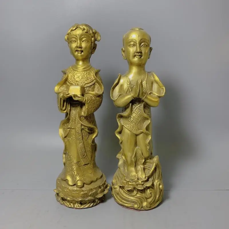 

Antique Copper Brass Buddaha Statue Ornaments Lucky Golden Boy And Jade Girl Figures Congratulate Figurine Pair Desk Decoration