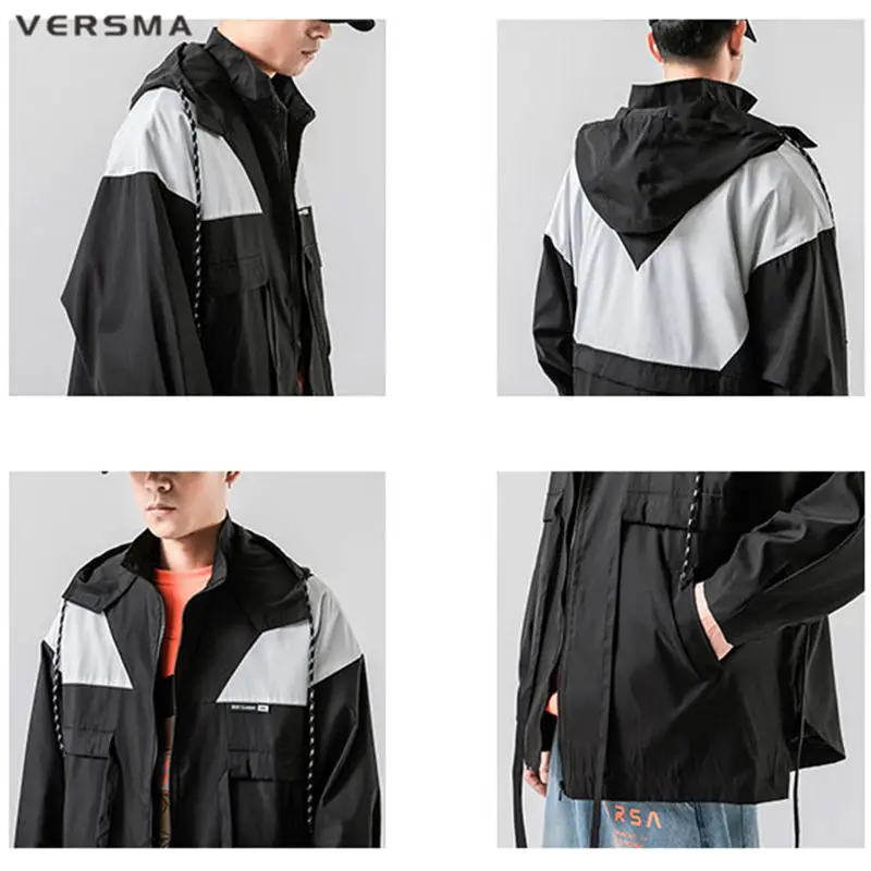 VERSMA Jaket Retro Warna Kontras Kasual Jepang Mantel Pria Hip Hop Pakaian Jalanan Remaja Longgar Tudung Penahan Angin untuk Pria Dropshipping