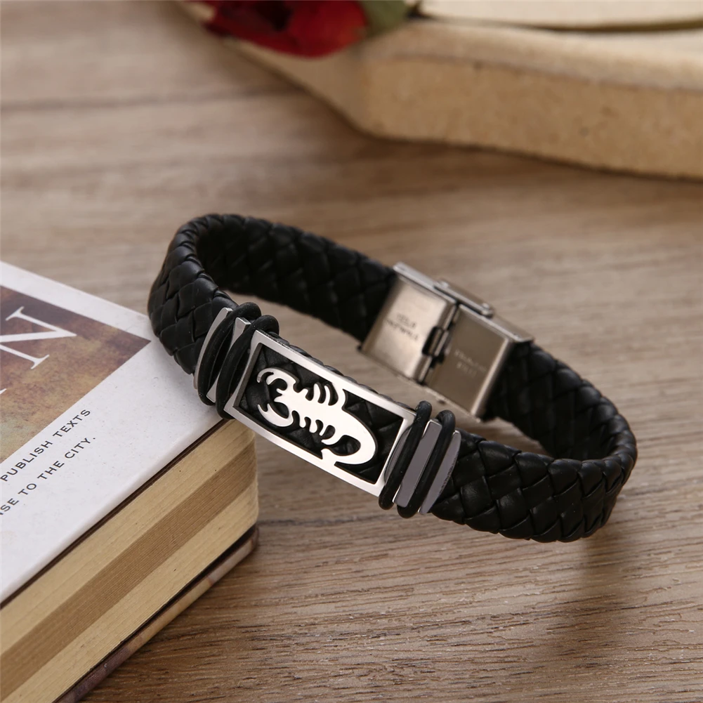 2024 Charm Jewelry Stainless Steel Weave Leather Scorpio Bracelet Vintage Titanium Steel Cuff Feather Bracelet Men pulseras