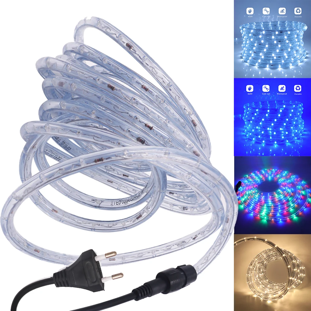 EU 220V Multi Rainbow Neon Strip LED Rope Tube String Fairy Lights 360 Degree Ligthing Waterproof Outdoor Garden Lamp