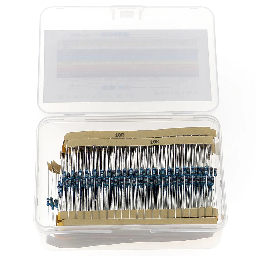 1000Pcs/Box 50 Values 1/4W 1Ω~10MΩ Metal Film Resistor Resistance Assortment Kit Set 1%