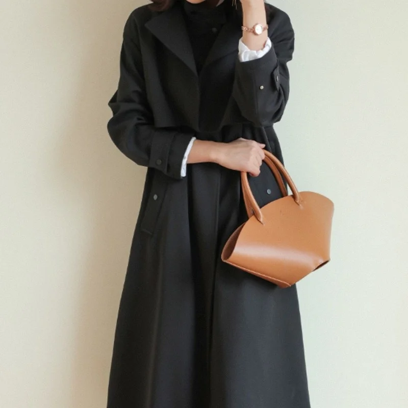 Coat Trench Womens 2022 Autumn New Casual Solid Korean Style Vintage Elegant Female High Quality Black Fashion Long Coat