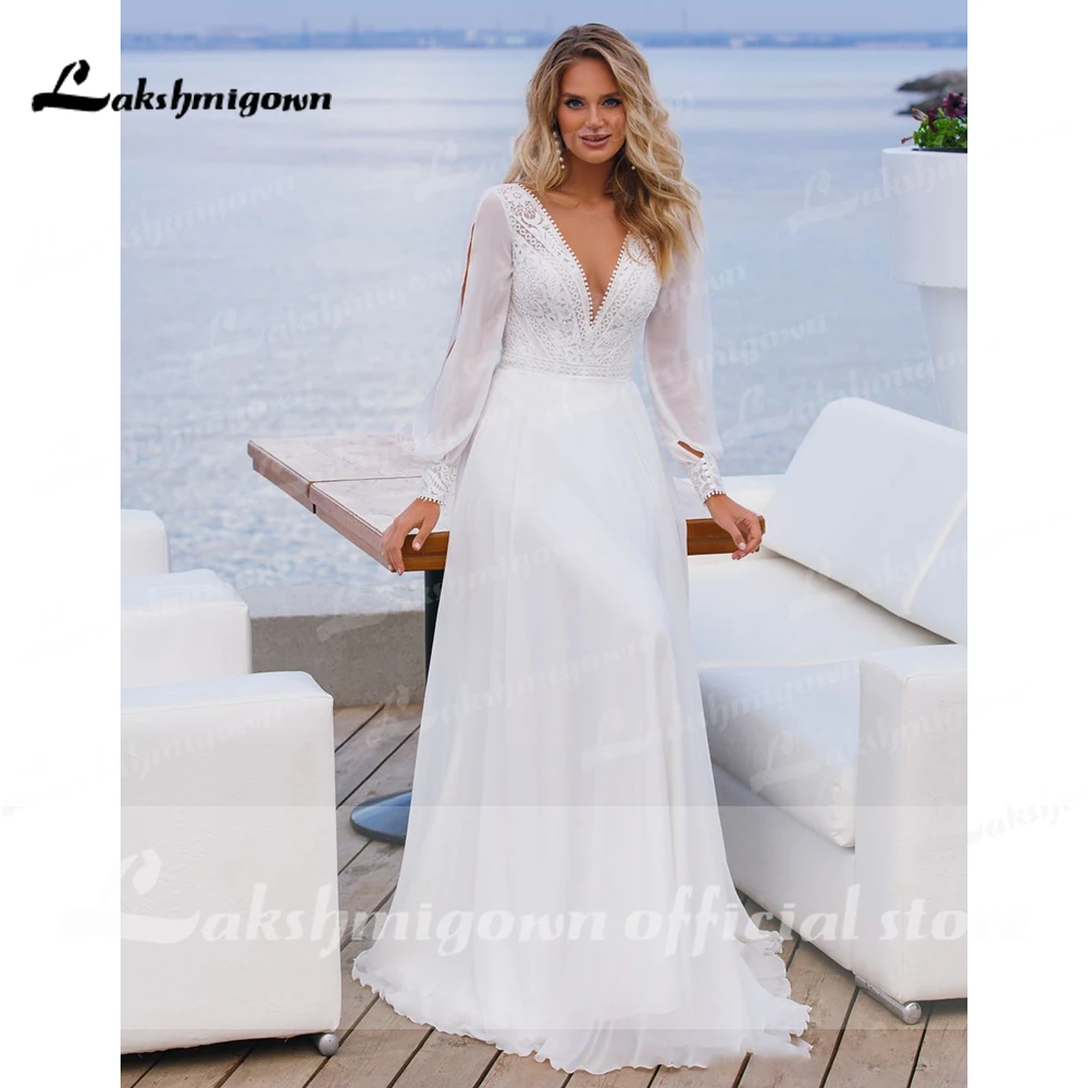 Eenvoudige Boho Trouwjurk Aangepaste Robe Longue Vintage Kant Chiffon Lange Trouwjurken Chique Bruidsjurken