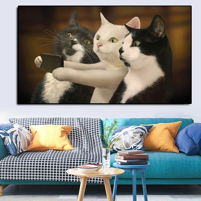 Funny Canvas Art Three Cats Playing Selfie Posters Prints Canvas Paintings Wall Art Poster Pictures Child Room Decor Home Decor