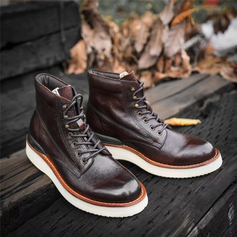 New Handmade Men Vintage British Ankle Boots Autumn Winter Cow Leather Shoes Goodyear Round Toe Tooling Desert Motorcycle Boots