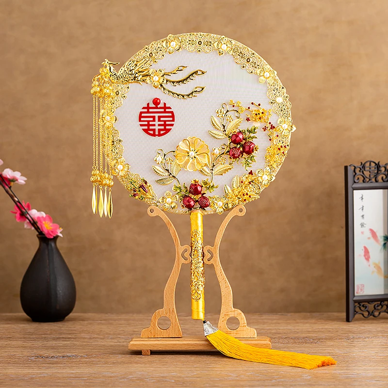 NiuShuya Elegant Jewelry Wedding Bouquet Silk 3D Fan Pomegranate Red Bead Golden Phoenix Metal Round Hand Flower Fan for Bridal