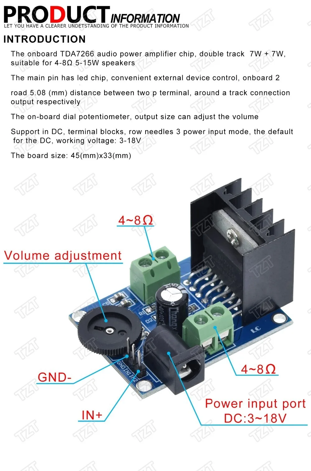 TZT 1/3PCS DC 3 bis 18V TDA7266 Audio-Leistungsverstärkermodul 5-15W – Detail 1