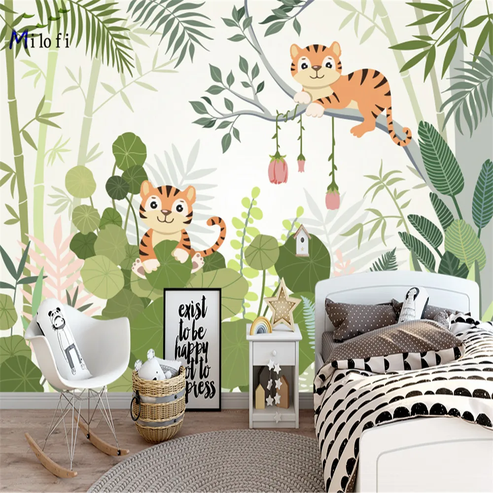 Milofi personalizado aquarela selva berçário 3d papel de parede mural para crianças berçário quarto 3d animal papel de parede adesivo art deco