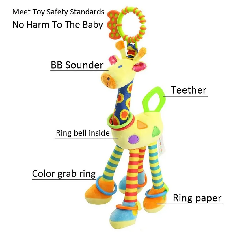 Soft Giraffe Animal Handbells Rattles Plush Infant Baby Development Handle Toys Hot Selling with Teether Baby Toy for Newborn