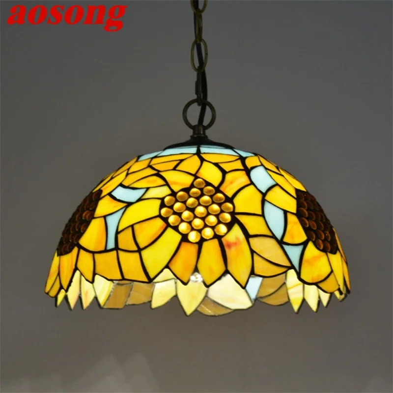 AOSONG Tiffany Pendant Light Modern LED Lamp Flower Figure Fixtures For Home Dining Room Decoration