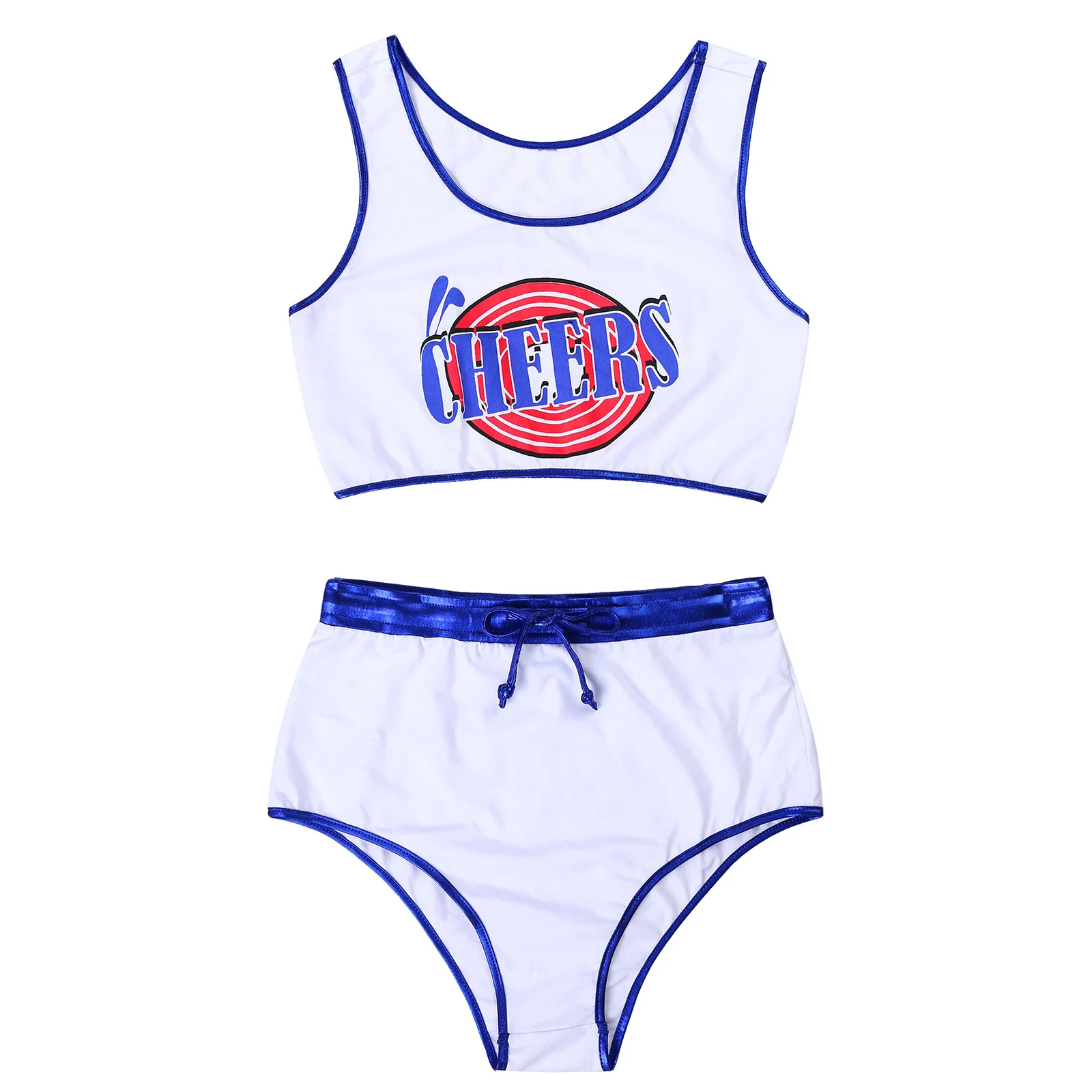 Womens Lingerie Cheerleader Role Play Uniform Costume Nightwear Letter Print Cropped Tank Top with Drawstring Briefs Hot Pants