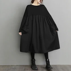 Long Sleeve Black Big Pocket Patchwork Dresses For Women Loose Casual Vintage Dress Fashion Elegant Clothing Spring Autumn 2026