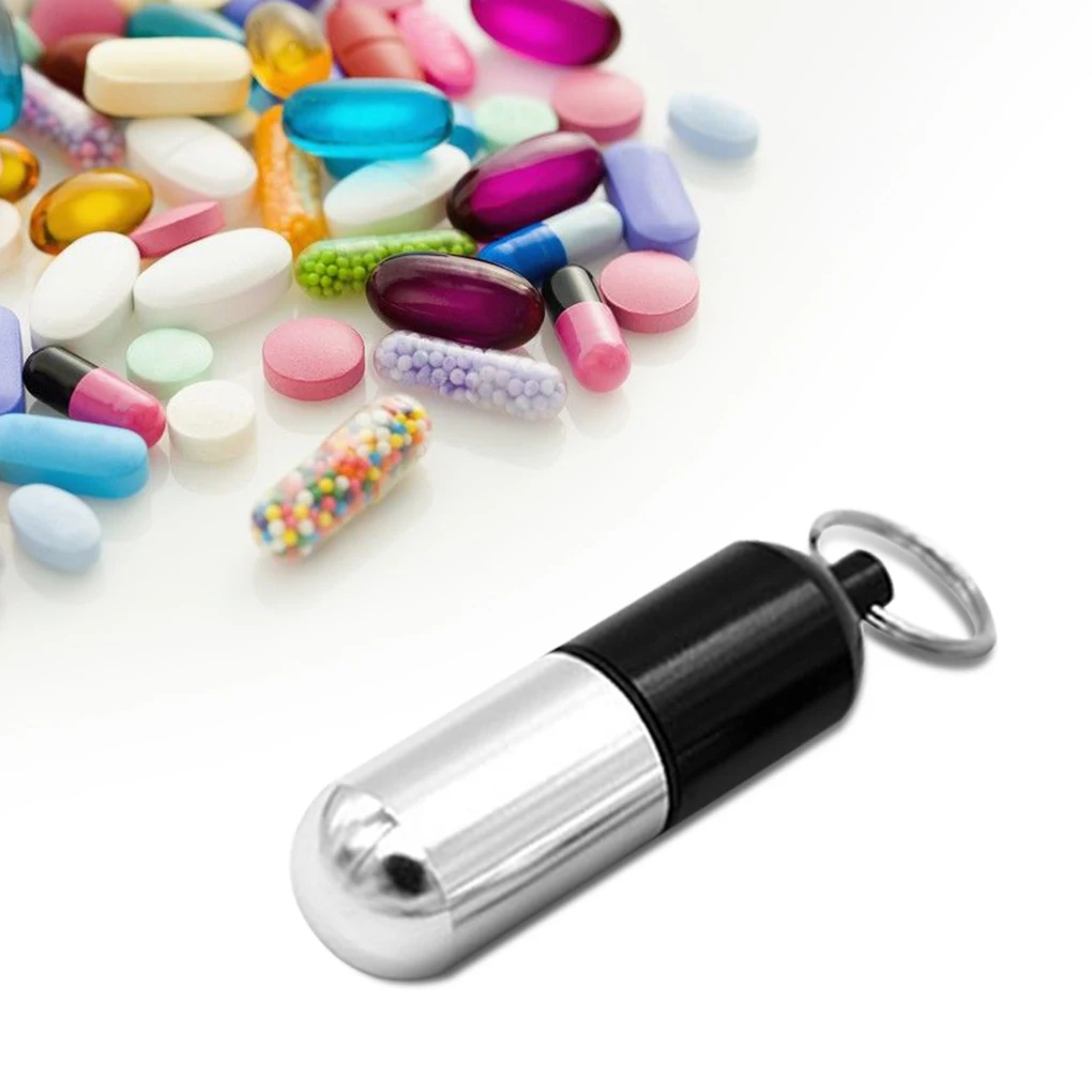 Mini Pill Box Portable Emergency Regular Pills Storage Case Aluminum Container with Keyring Silver Blue